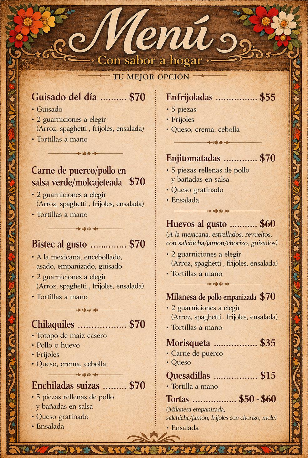 Menú de comida de Con Sabor a Hogar